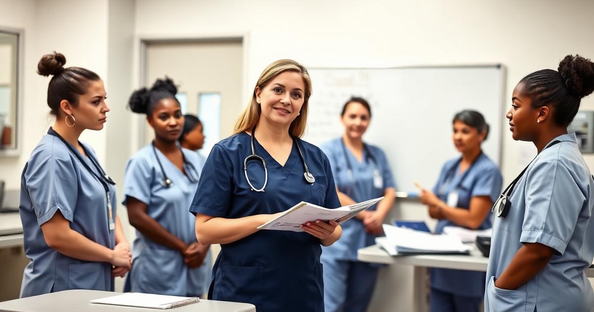 Charge nurse delegating tasks to a diverse team of nurses at a hospital nurses station