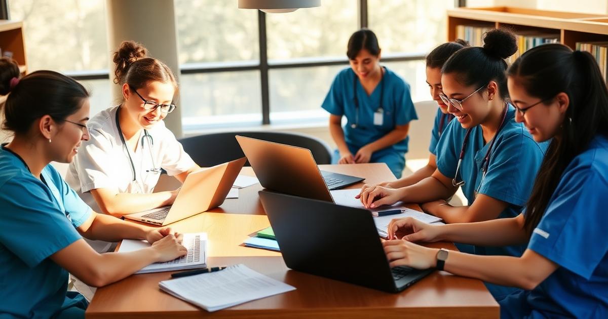 Group of nursing students studying together in a library with laptops and notes