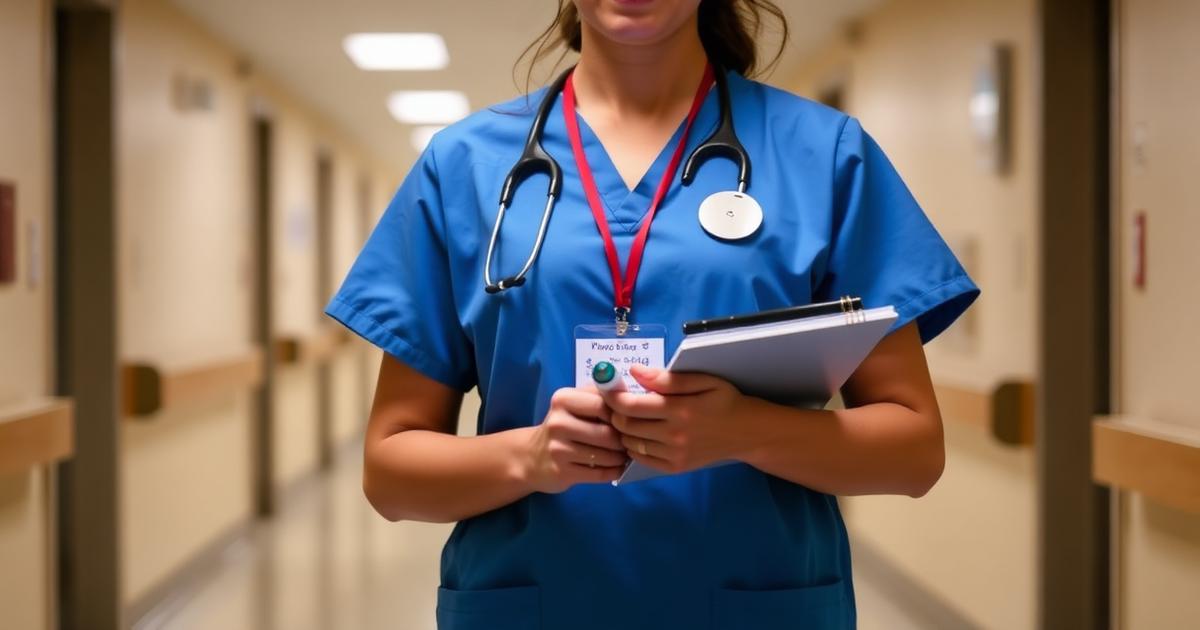 Nursing student in blue scrubs with badge, stethoscope and clipboard preparing for a clinical rotation
