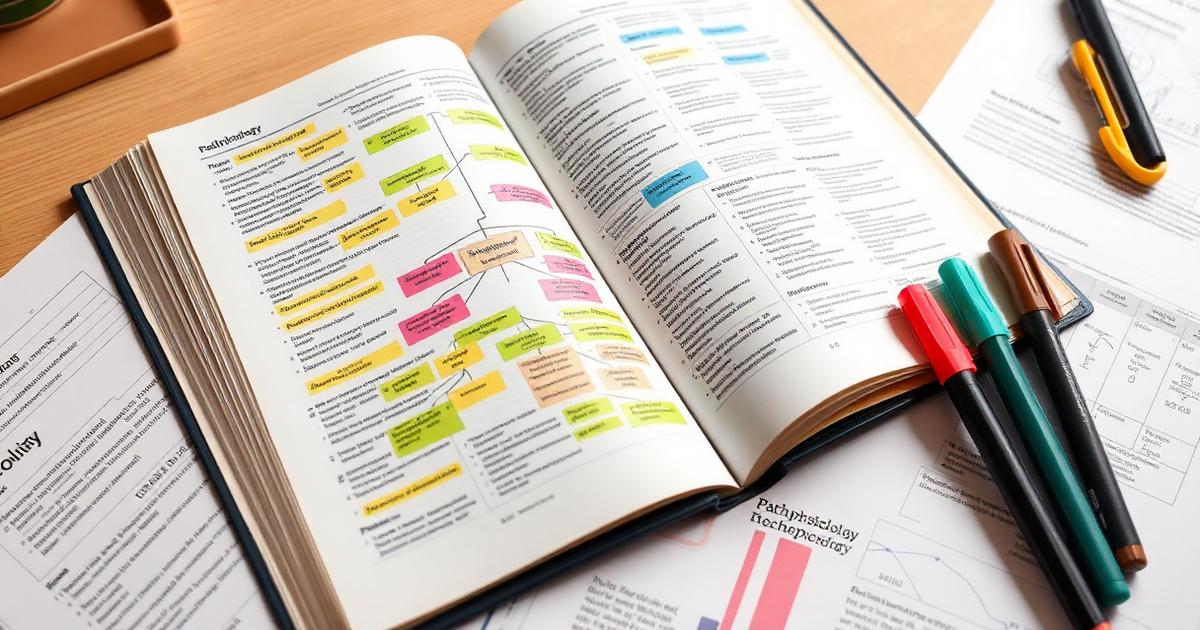 Open pathophysiology textbook with highlighted concept maps and study notes for nursing students