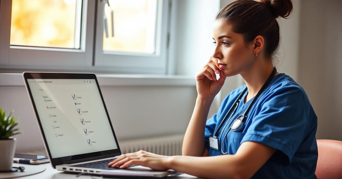 Nursing student thinking carefully over a laptop with SATA checkbox question on screen