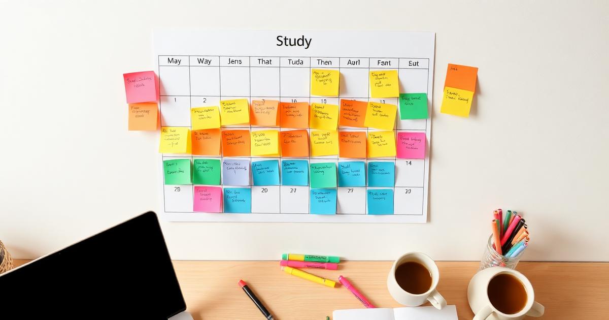 A 30-day NCLEX study plan on a wall calendar with colorful sticky notes and highlighters